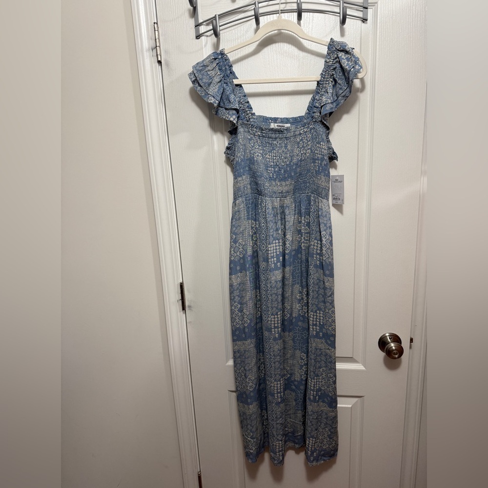 NWT Maternity L Sonoma sun dress Flutter Sleeve Smocked Dress blue baby shower